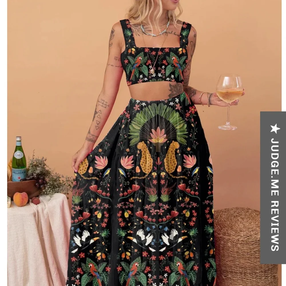 Coramoon Sz M Black Mystical Tropical Fern Print Cropped Top And Skirt Set Boho - Picture 1 of 7